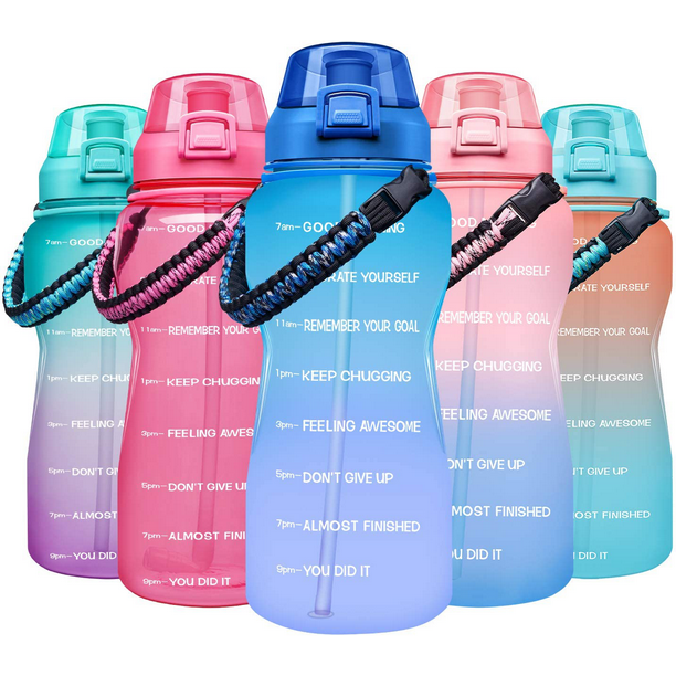 Giotto Large Half Gallon//64OZ Motivational Water Bottle with Paracord Handle /& Removable Straw Leakproof Tritan BPA Free Fitness Sports Water Jug with Time Marker-64OZ-Purple//Coral Gradient